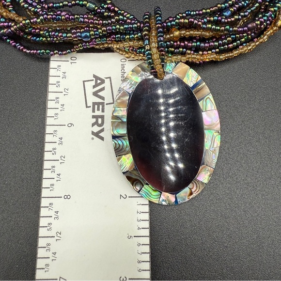 Multicolor Iridescent Seed Beaded Necklace with Large Abalone Shell Pendant - Picture 11 of 17